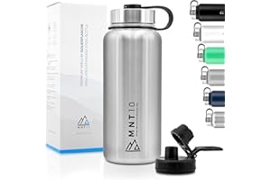 MNT10 Butelka termiczna ze stali nierdzewnej 1000ml I Premium izolowana butelka na wędrówki, fitness, rower, szkołę i biuro I Butelka na wodę + Darmowa nakrętka sportowa (Stal nierdzewna | 1000ml)