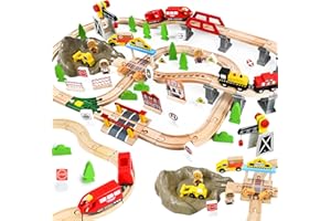 HERMORRYSS Treni in Legno per Bambini, Set di 100 pezzi Treni e Giocattoli in Legno, Ferrovia Ingegneristica con Gru Magnetica, Treno Elettrico, Figure Umane, Luci di traffico, Regalo per Bambini 3+