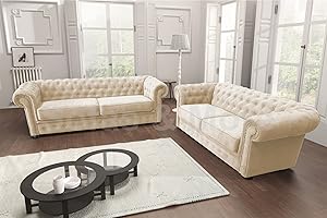 Sofas and More Chesterfield Style Corner Sofa Set 3+2 Seater Armchair Cream Fabric (3+2 Seater)