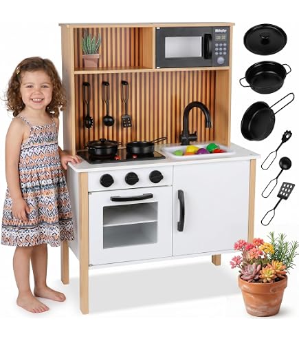Cuisine En Bois Pour Enfant HOMASIS – Lumières, Sons, Four, évier – Dès 3 Ans – Accessoires Inclus (blanc/rose)
