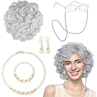 Oma Kostüm Set Für Fasching & Mottopartys | Mit Perücke, Brille, Brillenkette & Perlenkette | 5-teilig In Grau