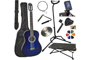 AMROVA Pack Guitare Classique 4/4 (Adulte) Support Guitare + Repose Pied + 9 Accessoires Cour Vidéo et CD (Bleu)