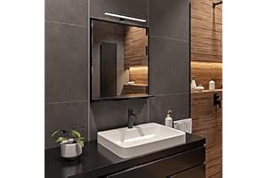 ‎HAJDUK FURNITURE Lustro Łazienkowe LED z Półką 60 x 70 x 12 cm, Czarne, Prostokątne, Neutralne Światło 4000 K, Wodoszczelne IP44, Wiszące Lustro Ścienne Podświetlane, Obudowa LED Czarna