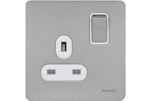 Schneider Electric GU3410WSS Ultimate Screwless Flat Plate, Switched Single Power Socket, Stainless Steel with White Insert, 13 A, 1 Gang