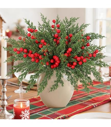 Watayo 45 rami di pino artificiali natalizi con steli di bacche rosse, 26,7 cm, foglie di pino norfolk sempreverde, foglie di cipresso, aghi di pino finto per fai da te, ghirlande, decorazioni