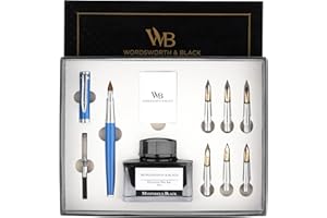 Wordsworth & Black Calligraphy Pen Set de regalo, incluye botella de tinta, 6 cartuchos de tinta, convertidor de recarga de tinta, 6 puntas de repuesto, paquete premium, diario [Chrome Bleu]
