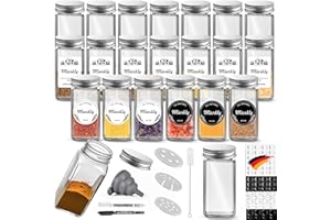 Miorkly Słoiki na przyprawy, prostokątne, zestaw 24 sztuk, 120 ml, szklane pojemniki na przyprawy z zakręcaną nasadką, pojemnik do przechowywania przypraw z wkładem do posypywania, etykiety, lejek,