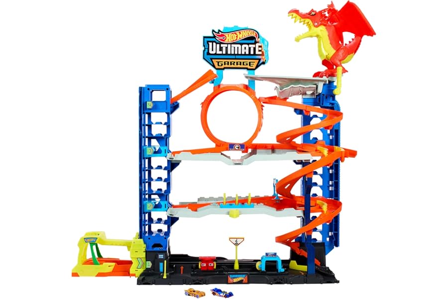 Hot Wheels Let's Race Netflix - City Ultimate Garage Playset with 2 Die-Cast Cars, Toy Storage for 50+ 1:64 Scale Cars, 4 Levels of Track Play, Defeat the Dragon, HKX48