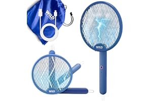 WILD SOLUTION BuzzBuster - Racchetta Zanzare Elettrica Ricaricabile USB - 4 in 1 - Anti Zanzare Elettrico con Design Anti-Fuga e Modalità Zanzariera Elettrica per Interno ed Esterno - Trappola per Zanzare e Mosche