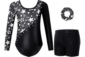 Gogokids Trykoty gimnastyczne dla dziewcząt z długim rękawem błyszczące stras jednostki taneczne rower z szortami dla 3-12 lat