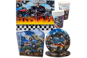 YISSCEN Monster Truck Partygeschirr, 41 Stück Kinder Geburtstag Party-Geschirr Auto Party Geburtstagsdeko, Kindergeburtstag Party Supplies, Tassen, Teller, Papier, Tischdecken, für Kinder Party Tischdeko