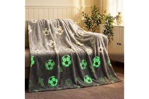 YPLANGENT Gosig filt, barn, fotboll, lyser i mörkret, fluffig filt, 130 × 150, för pojkar, nattlampa, sofföverkast, med glöde