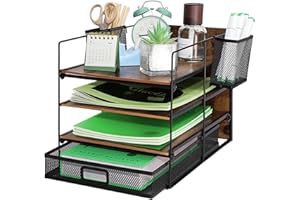 IOUGDSEC Schreibtisch-Organizer mit 4 Ebenen, A4, aus Holz und Metall, Schreibtisch-Organizer aus Netzstoff, für Dokumente, Briefablage mit Schublade für Büro, Zuhause (2 Stiftehalter)