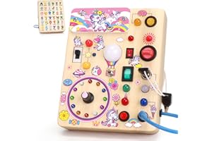 HOAROSALL Jednorożec Montessori Busy Board dla maluchów od 1 roku życia Drewniana tablica aktywności z 10 przełącznikami i 23 światłami LED Sensoryczna tablica Zabawka w wieku od 1, 2, 3 lat