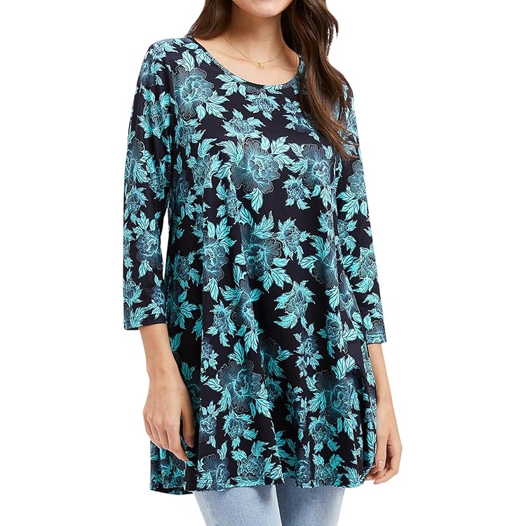 Chemisier Femme Manches 3/4 Imprimé Fleurs – T-shirt Bohème Décontracté – Col Rond, Tunique Été – Pour Plage, Travail, Quotidien