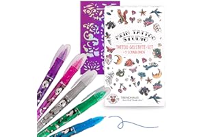‎TRENDHAUS TRENDHAUS 920935 Tattoo Gel-Stifte Set, 5 leuchtende Glitzer Farben inkl. Schablone, Hautfreundliche Kindertattoos