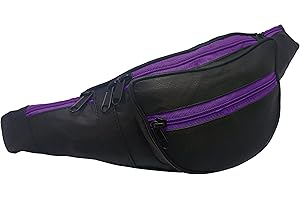 ODS:UK® Real Leather Bum Waist Bag Travel Holiday Money Belt Pouch Black Change BUMBAG (Black with Purple Zips)
