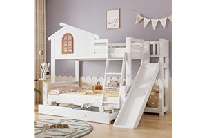 Aoskem Children's Bunk Bed 90 x 200 cm and 120 x 200 cm with 2 Drawers, Wooden Bunk Bed, Ladder & Slide, Bed Frame with Fall Protection and Slatted Frame, Children's & Mother Bed, Without Mattress,