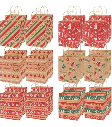 12 Goldene Weihnachts-Geschenktüten Mit Seidenpapier & Karten | Dickes Papier, Verschiedene Motive | Festliche Verpackung