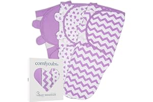 Comfy Cubs Easy Swaddle koc, 3-pak, 100% bawełna, zestaw do przewijania, mały dla niemowląt w wieku 0-3 miesięcy, z regulowanym rzepem, oddychający i trwały, prezent dla noworodka, fioletowy