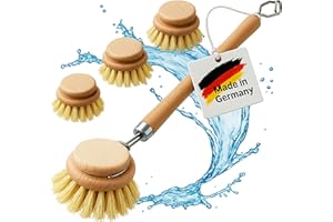 FEINHOLZ Lot de 4 brosses à vaisselle en bois avec tête interchangeable, avec poils naturels, fabriquées en Allemagne, brosses à vaisselle durables en bois avec 3 têtes de rechange, brosse de lavage