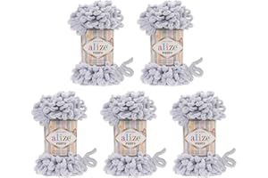 5 x 100 Gramm Strickwolle Alize Puffy, 500 Gramm Fingerstrick - Wolle super bulky, Schlaufenwolle, Stricken ohne Nadel (grau 416)