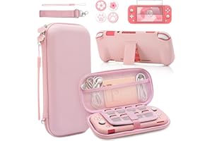 BRHE - Juego de funda y accesorios rosas de viaje para Switch Lite, funda protectora dura con soporte, protector de pantalla, tapas de agarre para pulgar, 9 en 1