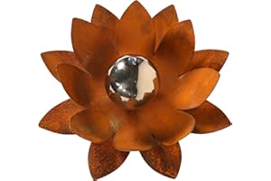 Décoration de jardin en forme de lotus - Rouille naturelle avec boule en acier inoxydable - Fleur décorative en métal - Photophore rouillé - Décoration de jardin (30 cm)