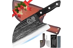 XYJ Full Tang, couteau de chef serbe, couteau à viande de chef, couteau de cuisine avec étui en cuir, à emporter, boucher, pour le camping ou l'extérieur (8 ")