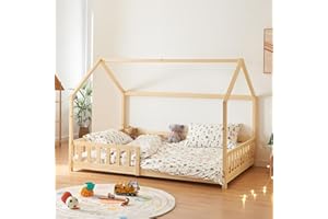 [en.casa] Letto a Forma di Casetta per Cameretta Con Sbarre - Piazza e Mezza per Bambini - Struttura in Legno di Pino 120 x 200 cm Naturale
