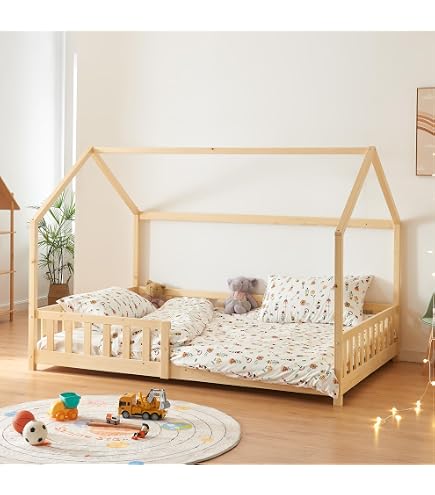 Lit De Sol Montessori 120x200 Cm - En Bois Blanc - Avec Matelas Et Protection Anti-chute