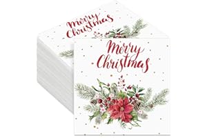 Tenare 100 Pcs Christmas Napkin Decorative Decoupage Merry Christmas Serviettes 13 x 13 Inch Disposable Paper Napkin for Xmas Winter Holiday Party Restaurant Home Supply(Poinsettia Style)