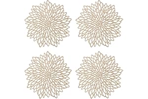 SPLDSUN 4 Piezas Manteles Individuales Huecos de Dorado, Manteles Individuales Redondo Hueco Flor Posavasos, Mantel Antideslizante de Hoja de Vinilo Laminado, para Decoración de Mesa (Dorado)