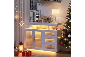 ‎FREDEES FREDEES Küchenschrank Buffet Sideboard mit LED Lichter, Buffetschrank mit 3 Schubladen und 2 Türen für Esszimmer Wohnzimmer, Holz, Weiß