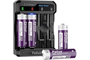 PALLUS Rechargeable Lithium AA Battery, 3500mWh Large Capacity 4-Pack, 1500 Cycles, with 4-Slot Voice Smart Charger, Double A Battery for Cameras, Toys, Controllers, Game Consoles