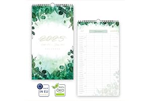 UNITURE® Zielony planer rodzinny na rok 2025, kompaktowy [z 4 kolumnami] do idealnego planowania całej rodziny, kalendarz rodzinny 2025. 31 x 17,5 cm, kalendarz 2025 Greenery kalendarz ścienny 2025,