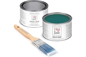 I LOVE PAINT I Love Chalk Paint – Kit Completo Vernice, Finitura e Pennello - Pittura Senza Carteggiare – Colore Ottanio (375ml Chalk Paint + 375ml Finitura + Pennello 40mm)