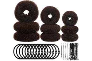 WILLBOND 9 Stück Donut Haar Brötchen Hersteller Former Schaum Schwamm Donut Brötchen Ring Stil Set mit 12 Stück Haar Gummibänder Krawatten und 32 Stück Haar Bobby Pins für Frauen Mädchen (Braun)