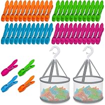 Minfuerang 48 Mollette Bucato con 2 Cestino,Antivento,Mollette di Plastica Colorate per uso Interno/Esterno per Vestiti,Asciugamani,Calzini,Lenzuola,Fot (Multicolore
