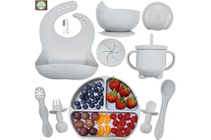 O'DOE Baby Led Weaning Feeding Supplies for Toddlers, odoe Baby Feeding Set | Suction Silicone Baby Bowl Self Eating Utensils Set with Spoons, Bibs, Toddlers Spoon Set, Food Plate Kit (Grey V1)