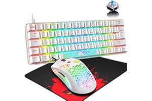 HOOPOND RGB Mini 60% Keyboard meccanico di gioco meccanico 62-Key 18 Chroma backlit Blue Switch Wired Tastiera compatta + 12000DPI 65g Mouse da gioco leggero per PS4 / XBOX/PC/Laptop-bianco