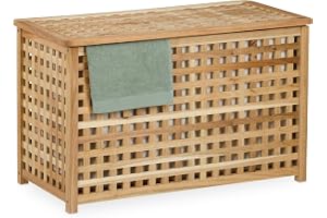 Relaxdays Tvättkorg, avtagbar innersäck, 90 l, HBT: 47 x 78 x 48 cm, tvättkorg med lock, valnöt, natur