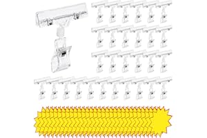 Yauhar 60Pcs Plastic Clear Sign Holder and Blank Price Label Tags Set, Swivel Rotatable Rack Shelf Display Card Holder for Hangrails Retail Supermarket Shopping Mall Store
