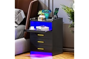 Lvifur Tavolino da Letto Comodino a LED con Stazione di Ricarica, 24 Colori Dimmerabile Comodino con 3 Cassetti, Sensore Automatico TYPE-C USB Soggiorno Camera da Letto Nero