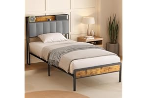 Bealife Łóżko tapicerowane, drewniane z metalową ramą łóżka, wyściełany podest, podwójne łóżko z drewnianym stelażem, zagłówek, rama łóżka (szare, 90 x 200 cm)