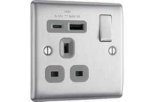 BRITISH GENERAL BG Electrical 18W Single Switched Power Plug Wall Socket with Type A USB and Type C USB Charging Ports, Fast Charge, Round Edges, Nexus Metal, Brushed Steel, Grey Inserts, 13A, NBS21UAC18G