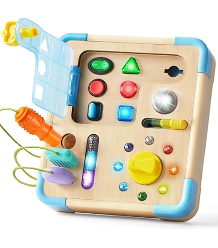 Ulikey Busy Board, Montessori Speelgoed Activity Board met led- lichtschakelaars, motoriekspeelgoed, houten speelgoed, stuurwiel, baby- activiteitenbord vanaf 2 jaar, ideaal reisspeelgoed en cadeau