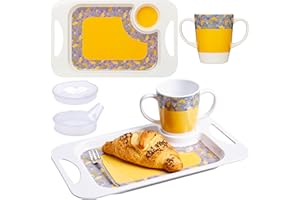 Rosa Lifestyle Yellow Two Handled Melamine Mug, Lids & Serving Tray Set (400ml/14oz) Mug Capacity Tray (33.8cmx20.6cm) Lightweight Mobility Aid for Elderly Gift Set (Yellow)
