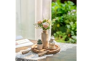 Hanobe Bandeja Redonda de Cuentas de Madera: Bandeja de Mesa de café con Guirnalda de Cuentas de Madera, Bandeja Decorativa marrón Claro para mostrador, Centro de Mesa de Granja, Bandeja rústica