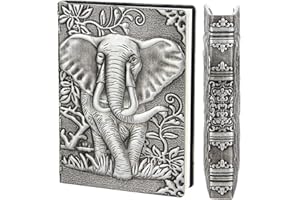 YHH Small Journal Diary, Vintage A6 Hardback Notebook Pocket Size Lined Page PU Leather Embossed Notepad Anniversary Valentines Birthday Gift for Kid Boys Girls Men Women Dad Mum, 3D Elephant Silver